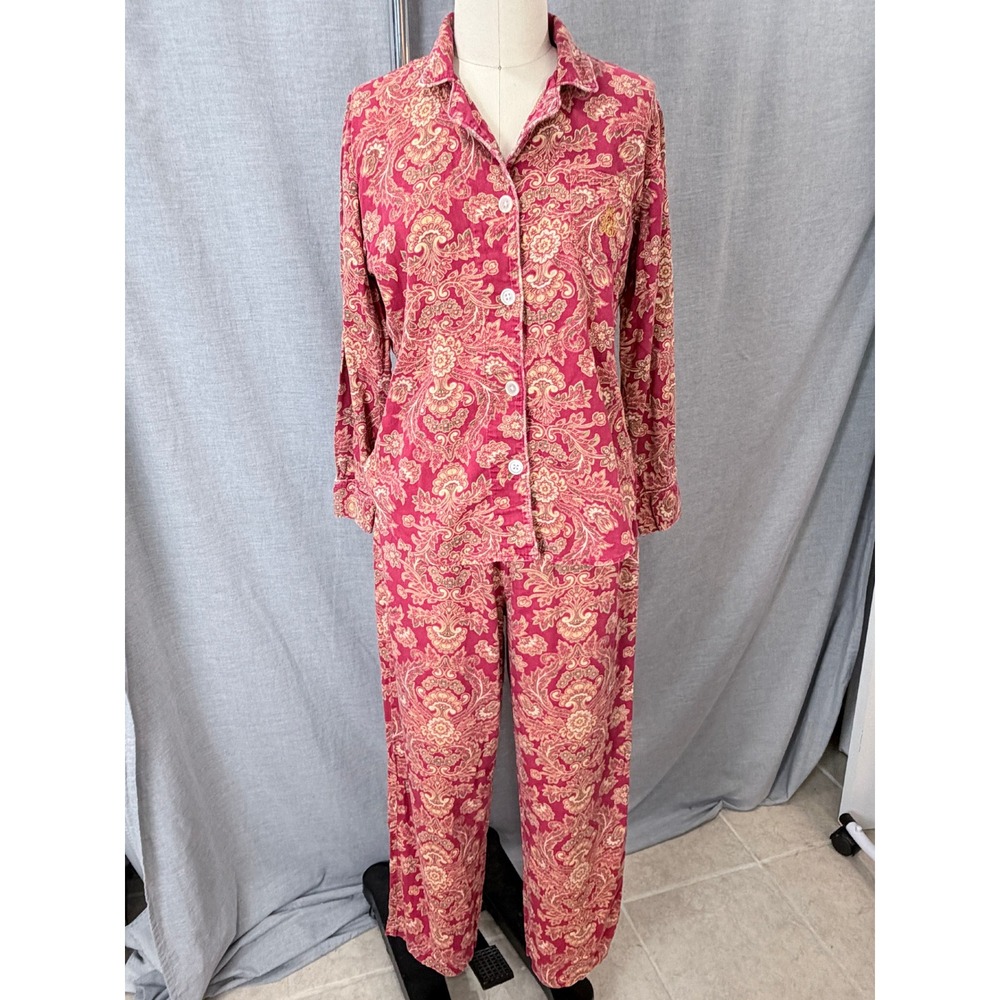 Lauren Ralph Lauren Pajama Set L Red Gold Paisley Long Sleeve Shirt Pants